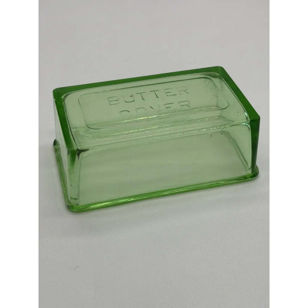 Vintage Green Uranium Glass Butter Cover Refrigerator Dish Lid UV Glow 5.25in